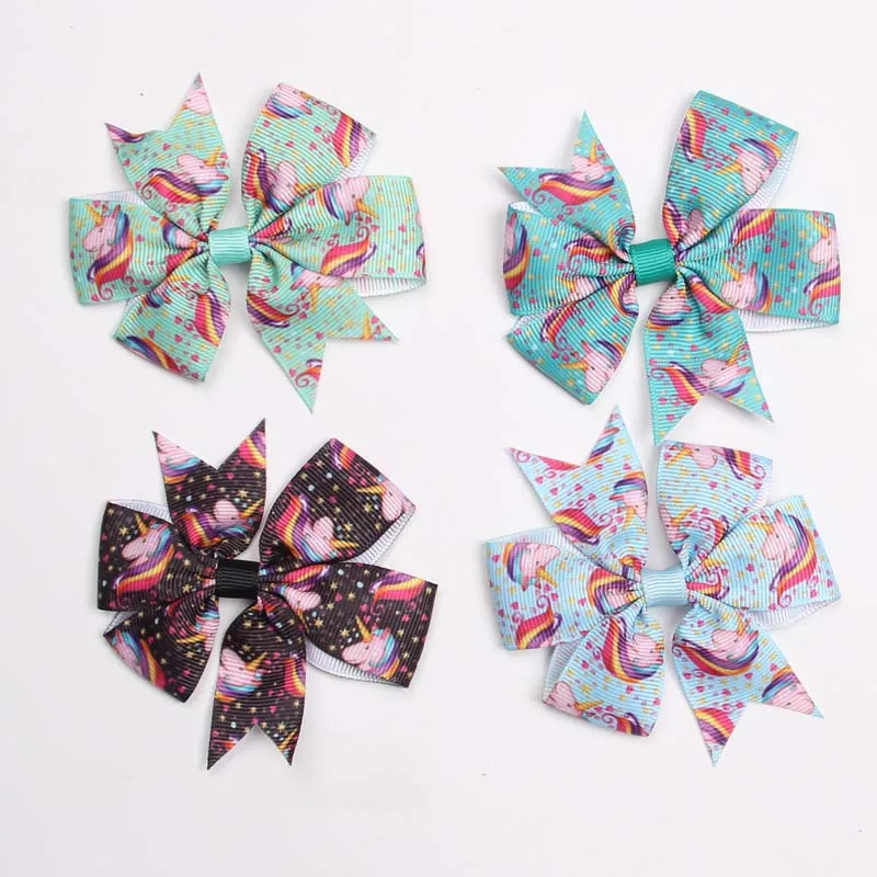 30 шт. Cartton Grosgrain ленты банты, заколки для волос 3 ''Единорог узор Луки с зажимы «крокодил» для школьницы Бутик волос лук
