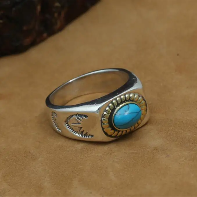 Real Pure 925 Sterling Silver Ring Men Blue Natural Stone Vintage Indian Style Cool Thick Band Mens Jewelry Free Box, 15g