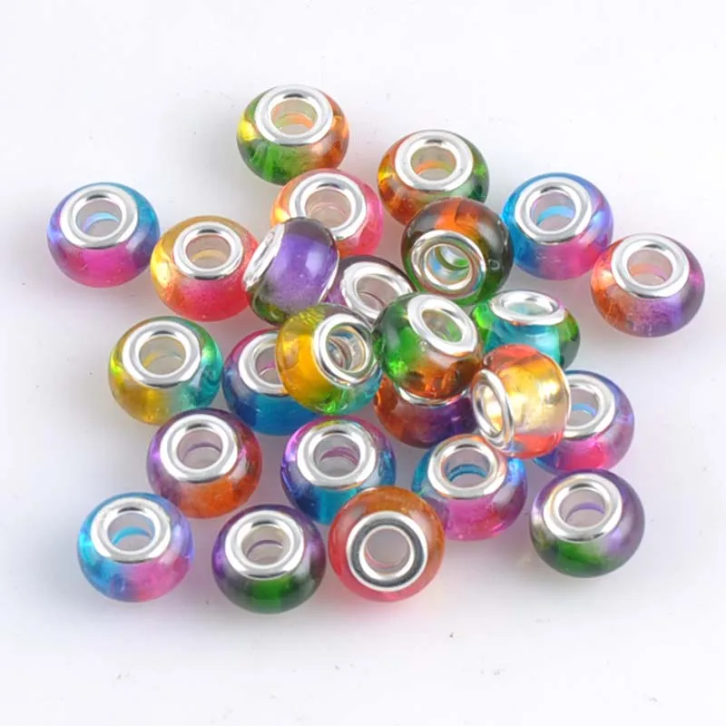 14 мм серебряные бусины с большим отверстием из смолы плоские круглые радужные