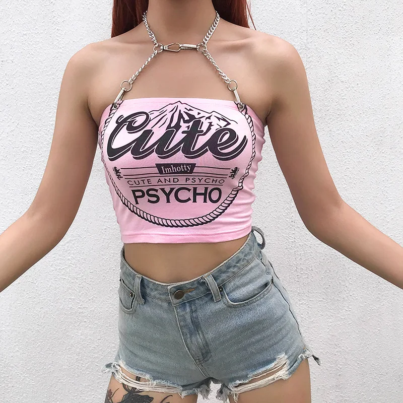 Арцу печатных цепи Топ Холтер Сексуальная спинки Croptop Лето Без Рукавов Для Женщин Cami Топ Harajuku розовый жилет уличная одежда ASVE20738