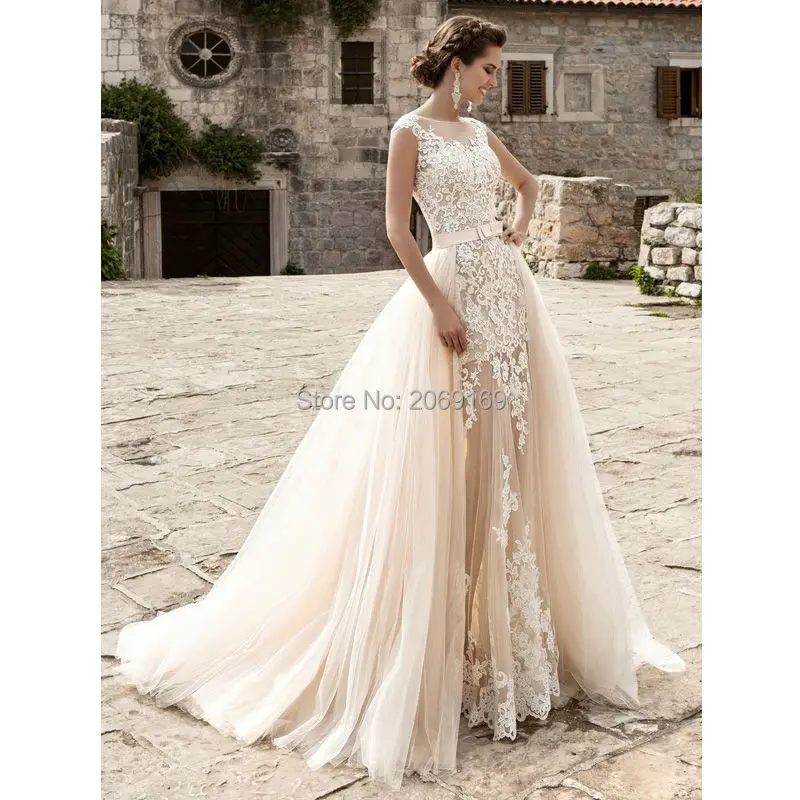 

Женское свадебное платье с юбкой годе, кружевное платье со съемным шлейфом и аппликацией, платье невесты, новинка 2020