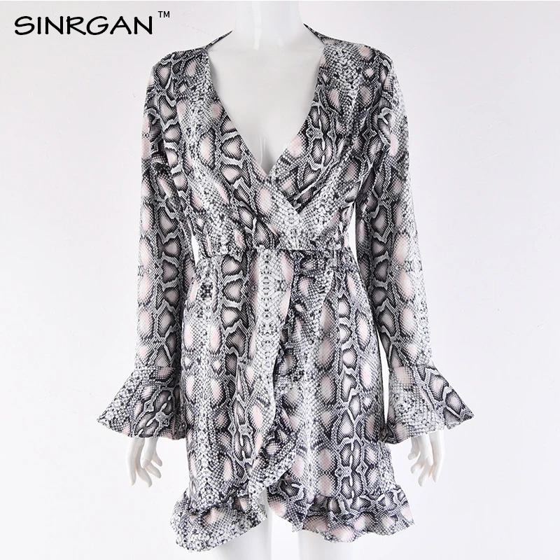 SINRGAN платье с длинным рукавом и змеиным принтом женщины vestidosвинтаж А линия V
