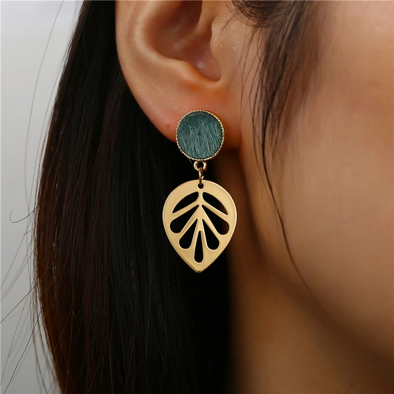 Женские винтажные серьги подвески с зелеными листочками длинные висячие в