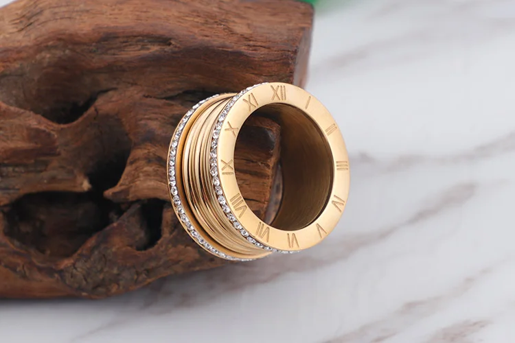 Gold Color Роскошные кольца с римскими цифрами, нержавеющая сталь, Bague Femme, трендовые обручальные кольца с кубическим цирконием для женщин, ювелирные изделия Anillos Mujer - Цвет основного камня: Gold Color