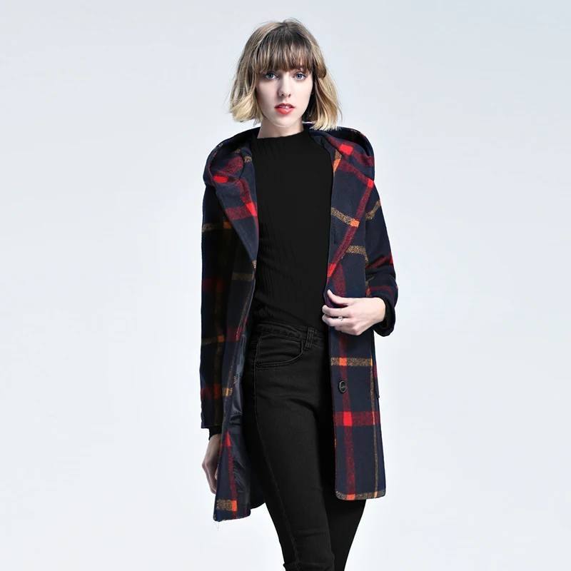 Осенне-зимнее шерстяное пальто женское классическое с капюшоном серая красная