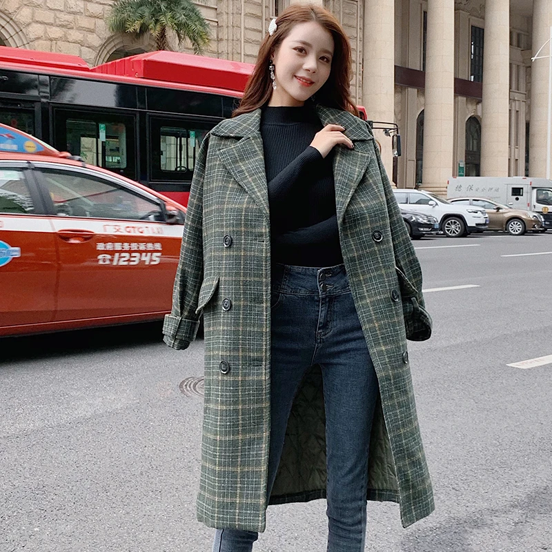 Zoki Loose Plaid Women Long Wool Blend Coat Fashion Winter Warm Jacket Elegant Double Breasted Autumn Fleece Outwear Plus Size - Цвет: Зеленый