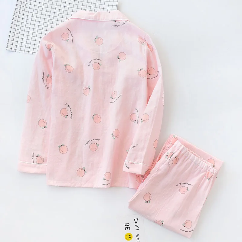 Женская одежда для сна персиковый принт мандарин Дак марля хлопок женские пижамы длинный рукав тонкий срез Пижама с лацканами набор