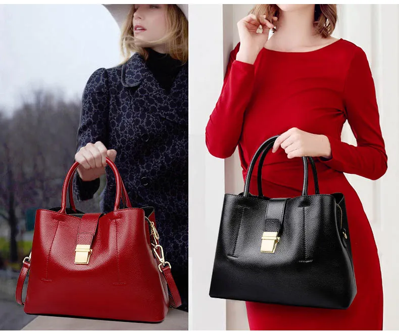 Znakomity Black women handbag genuine leather tote bag shoulder bag women red Fashion simple big casual hand bag woman luxury