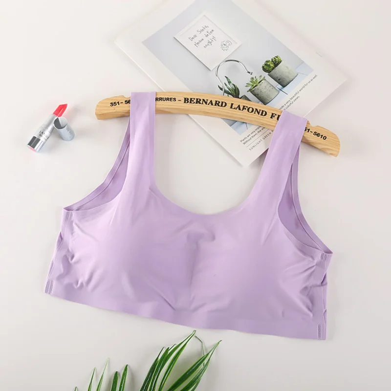 light purple LERFEY женский бесшовный Шелковый бюстгальтер с подушечками, ультра тонкий бюстгальтер для сна, беспроводное мягкое сексуальное нижнее белье, жилет, топы, плюс размер, 4XL, 5XL - Цвет: light purple