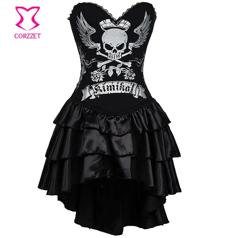 Black Cotton Silver Skull Print With Rhinestone Push Up Corsets And Bustiers Sexy Steampunk Corset Dress Gothic Clothing Dresses