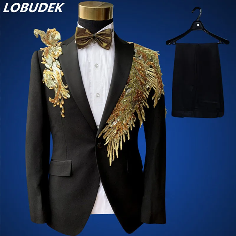 

Fashion Design Gold Black Sequins Tuxedo Men's Suits Formal Wedding Groom Suit Nightclub Bar Stage Singer Chorus Host Costumes