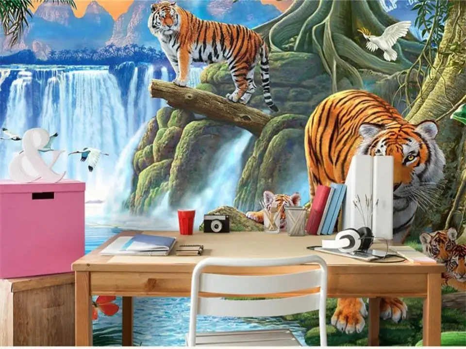 Пользовательские 3d фото обои дети росписи водопад Лес Тигр картина Гостиная