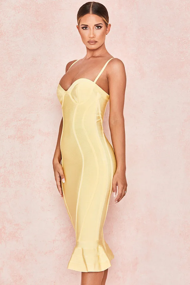 Лимонное Рифленое бюстье Бандажное платье длиной до колена женское Платье Vestidos