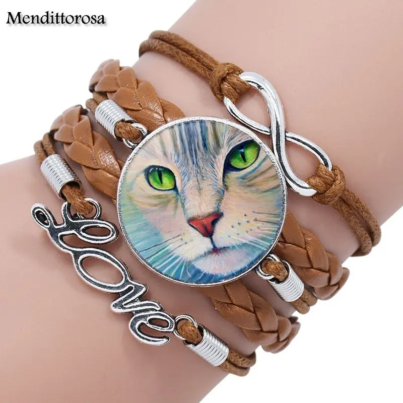 Mendittorosa Lovely Cat Fashion Glass Cabochon Multilayer Black/Brown Leather Bracelet Bangle Handmade Maxi Lovers Best Gifts | Украшения и