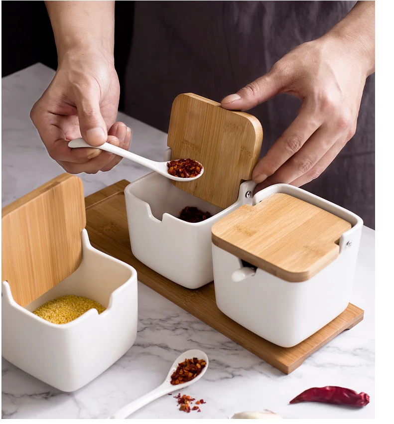 Креативная керамическая приправа банка приправа коробка приправа бутылка японский бамбук и дерево крышка приправа банка солонка набор
