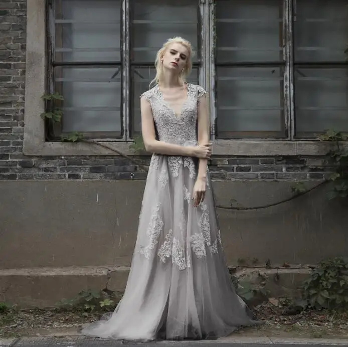 Винтажное кружевное свадебное платье Boho robe de mariee gelinlik, Пляжное кружевное свадебное платье es размера плюс, vestido de noiva de renda - Цвет: Серый