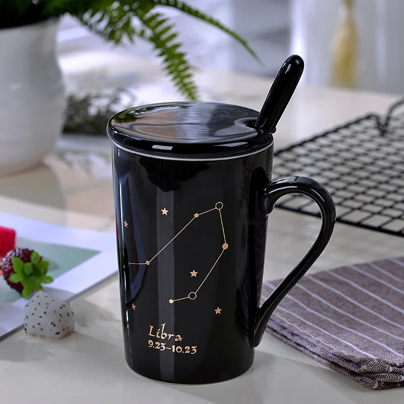 Libra 12 созвездий черный и золотой Костяной фарфор кофе молоко кружка с керамической ложкой Зодиак керамическая чашка 400 мл - Цвет: Libra