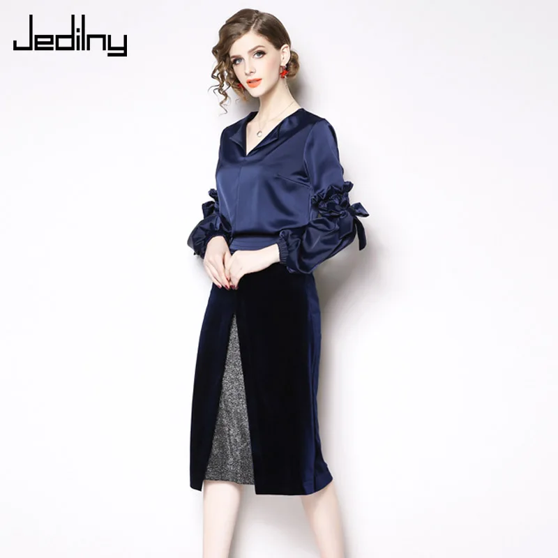 Повседневный Женский костюм Весна Новый v образным вырезом Фонарь рукава галстук