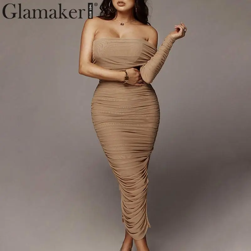 Glamaker плиссированное платье без бретелек нерегулярное сексуальное женское летнее платье с разрезом с одним рукавом облегающее женское элегантное для вечеринки и клуба Макси платье