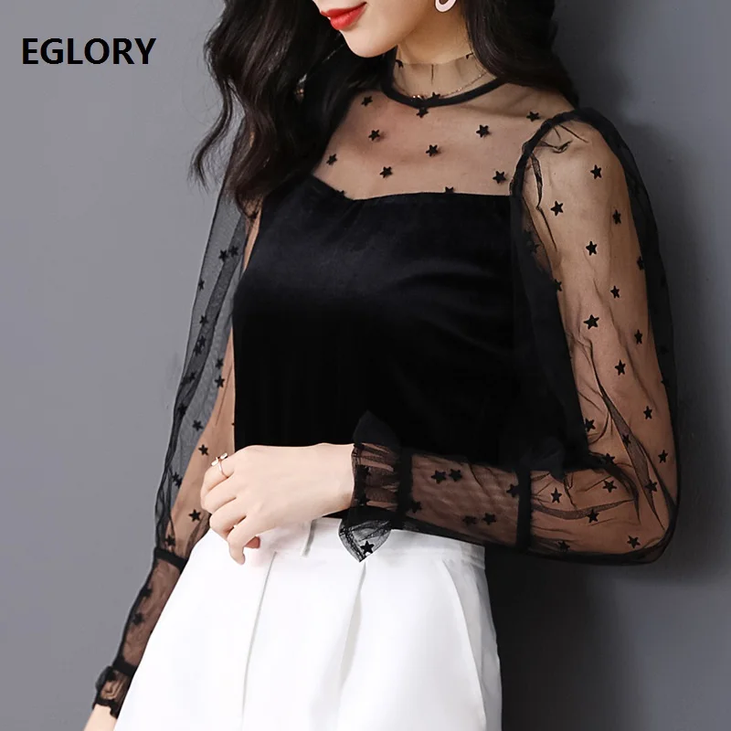 Женская блузка с длинным рукавом черная Повседневная сетчатая вечерние ЗКА