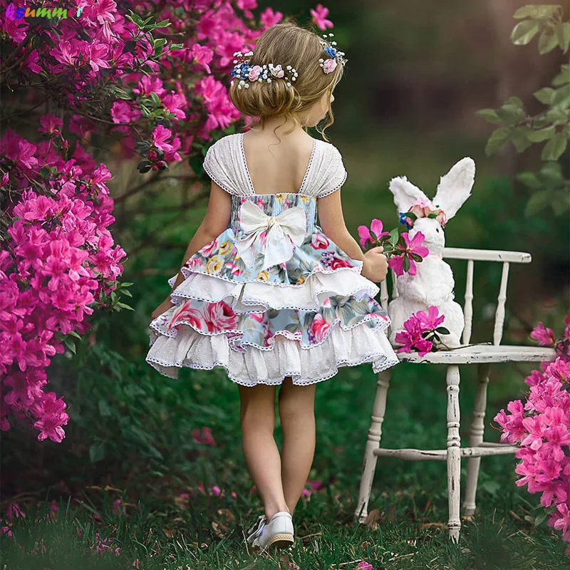 Summer Girl Flower Printed Dress Boutique Baby Lace Party Layered Sundress Pageant Bridesmaid Birthday Clothes | Детская одежда и