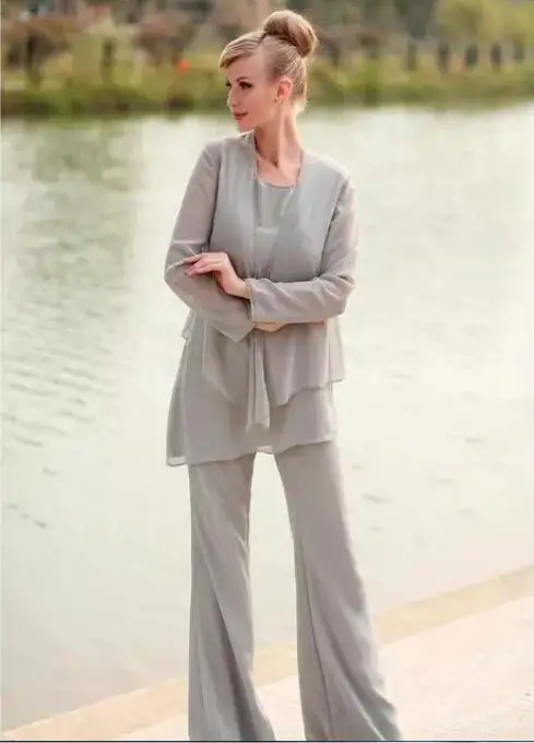 

Gray Three Pieces Grey Mother's Pants Suits Beaded Long Chiffon Formal Mother of the Bridal Suits with Long Sleeves Jacket