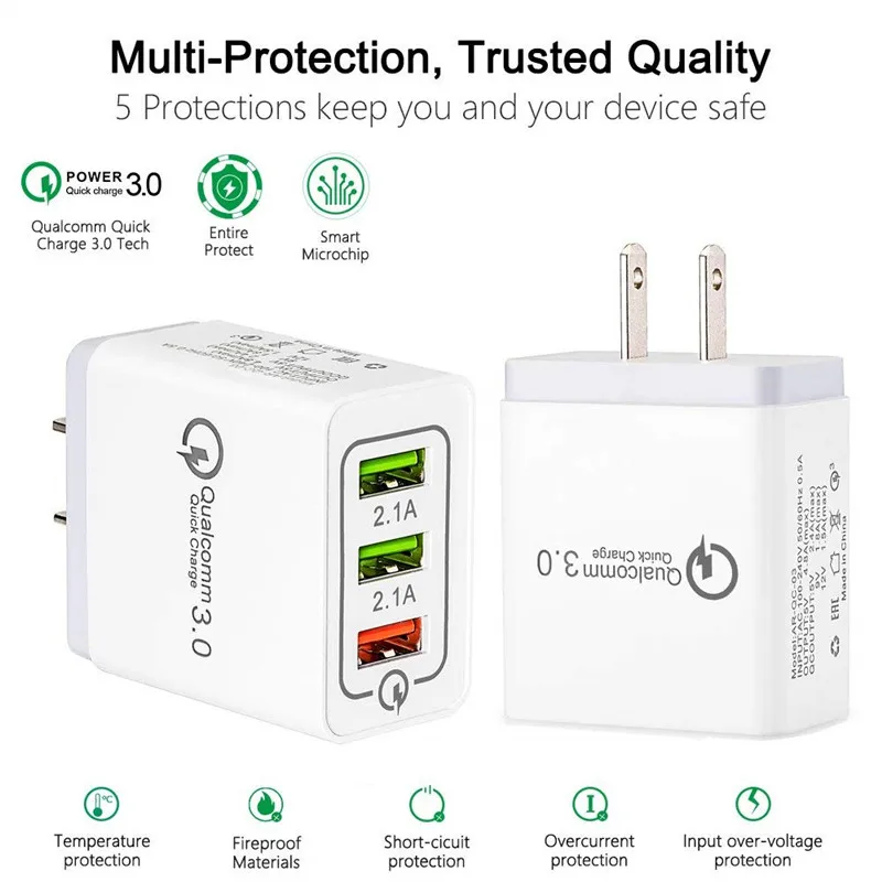 QC3.0 настенный телефон Зарядное устройство 3-Порты и разъёмы USB Plug Портативный путешествия быстрой зарядки для Ipad Iphone 11 XR XS 8 samsung S10 S9 смартфон - Тип штекера: 3USB QC3.0 charger