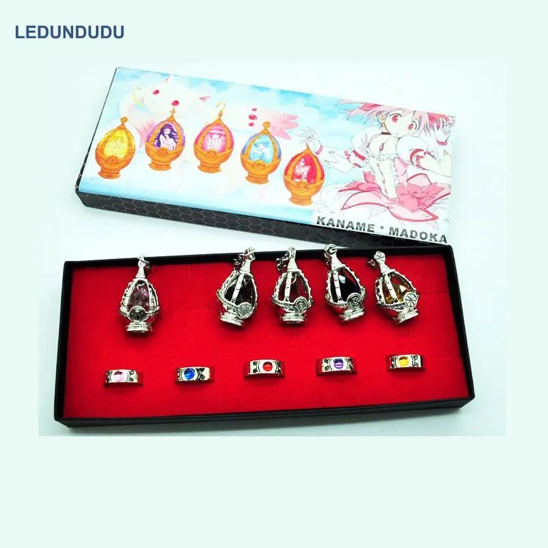 aliexpress.com - Anime Puella Magi Madoka Magica Soul Gem 5 Pendants Necklace + 5 Rings with Box Children Gift Collection Cosplay Accessories set