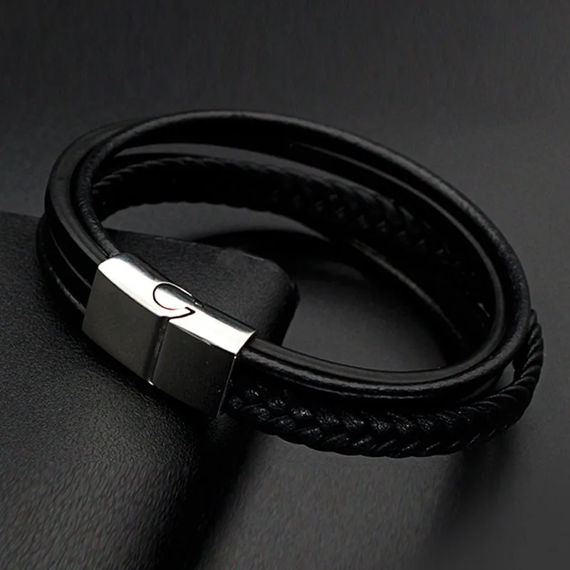 

Mens Bracelets 2018 Multilayer Leather Bracelet Men Jewelry Pulseras Fashion Vintage Style Handmade Stainless Steel Jewellery