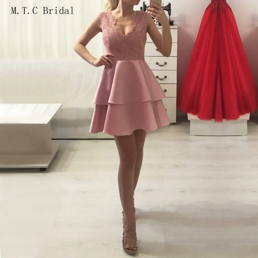 

Short Prom Dresses 2019 New Arrival Blush V Neck Lace Top Mini Sexy Wedding Party Gowns Hot Selling Cheap Women Evening Gowns