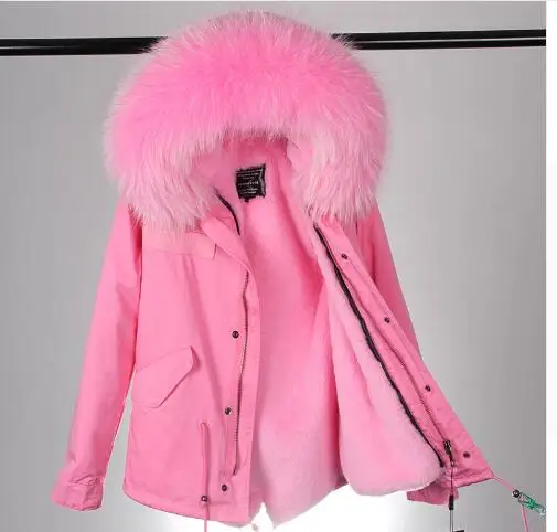 pink parka pink fur Новинка, Женская куртка на меху, настоящее большое зимнее пальто из меха енота, Женская куртка, пальто с воротником, утолщенная, теплая, с подкладкой из хлопка - Цвет: pink parka pink fur