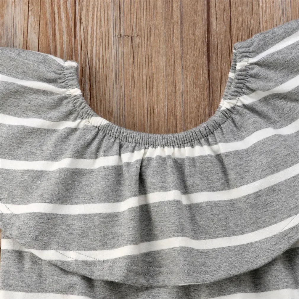 2018 лето для малышей серого цвета в полоску Детские ромперы платье с открытыми