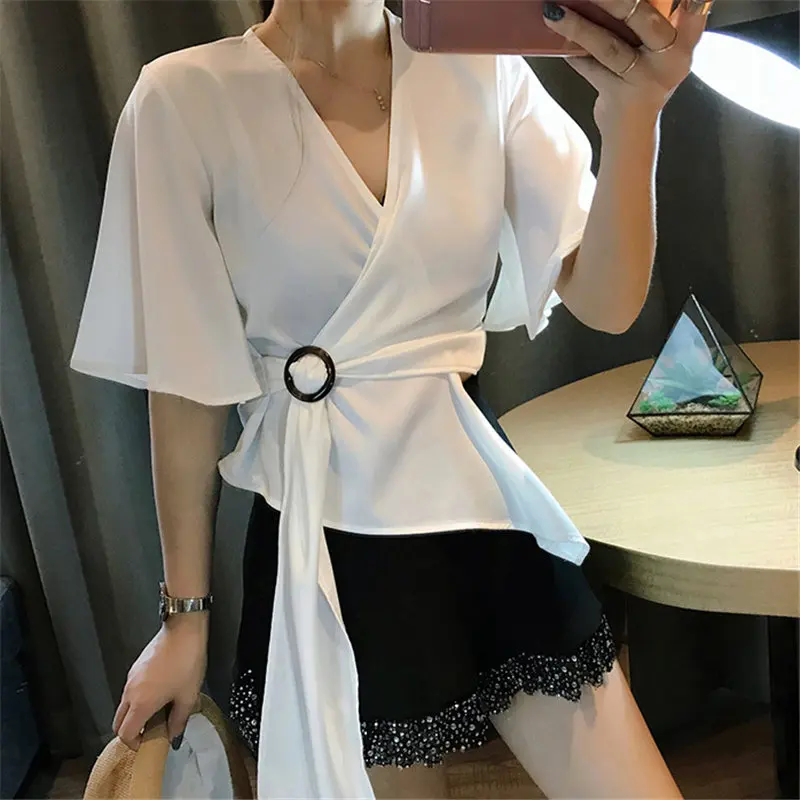 Hzirip Chic Female Sweet Summer Fresh Sashes Irregular High Quality Fashion Loose Short Flare Sleeve Casual Solid Chiffon Shirts | Женская