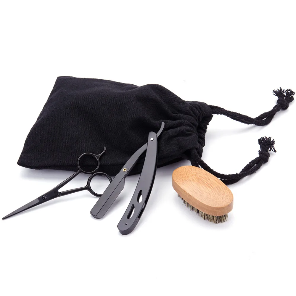 Razor Set For Men Black Shaving Scissor Barber Bamboo Boars Beard Brush Kit+Wood Comb Hair+20pcs Blades Shaving+Bag | Красота и