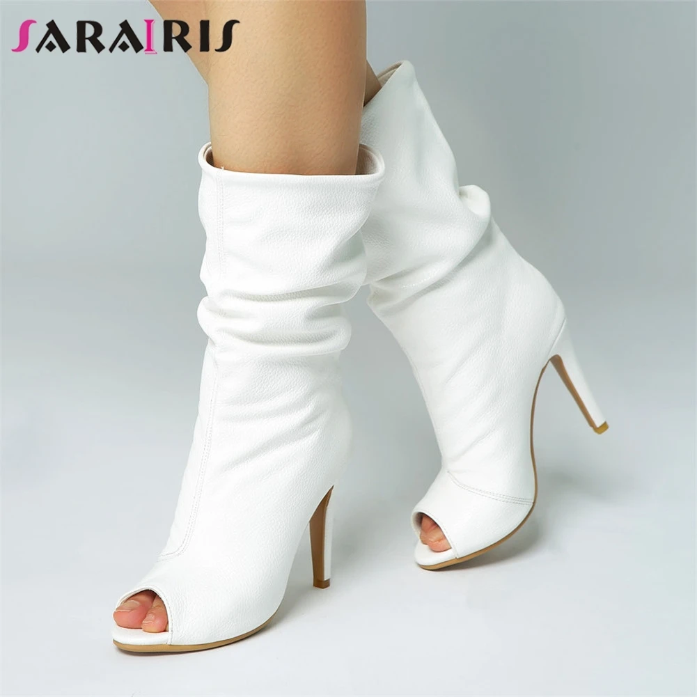 

SARAIRIS New Solid Peep Toe Thin High Heels Slip On Shoes Woman Casual Spring Autumn Mid Calf Boots White Plus Size 34-47