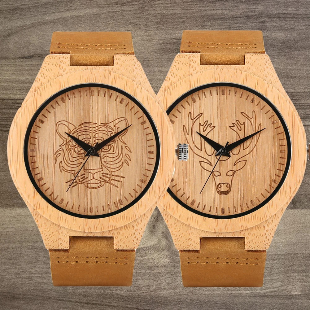 

Часы мужские ручной работы, кварцевые деревянные наручные часы с бамбуковым корпусом, с гравировкой тигра/оленя, с кожаным ремешком, для друзей