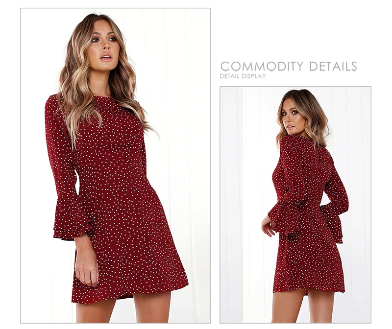Vintage Polka Dot Dress Women Autumn Long Flare Sleeve Ruffles Vestidos Casual O-neck Black Bodycon Party Boho Dresses Mini