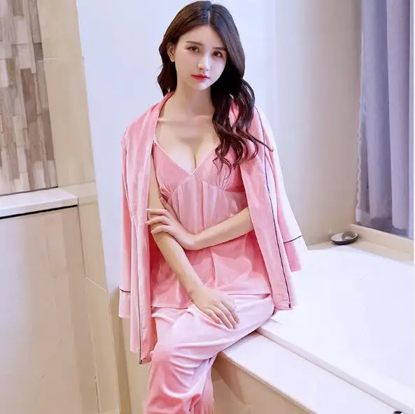 pink Комплект одежды для сна из 3 предметов, осенне-зимние пижамы с длинными рукавами для женщин, золотые бархатные пижамы, комплекты теплой домашней одежды, модный пижамный комплект - Цвет: pink