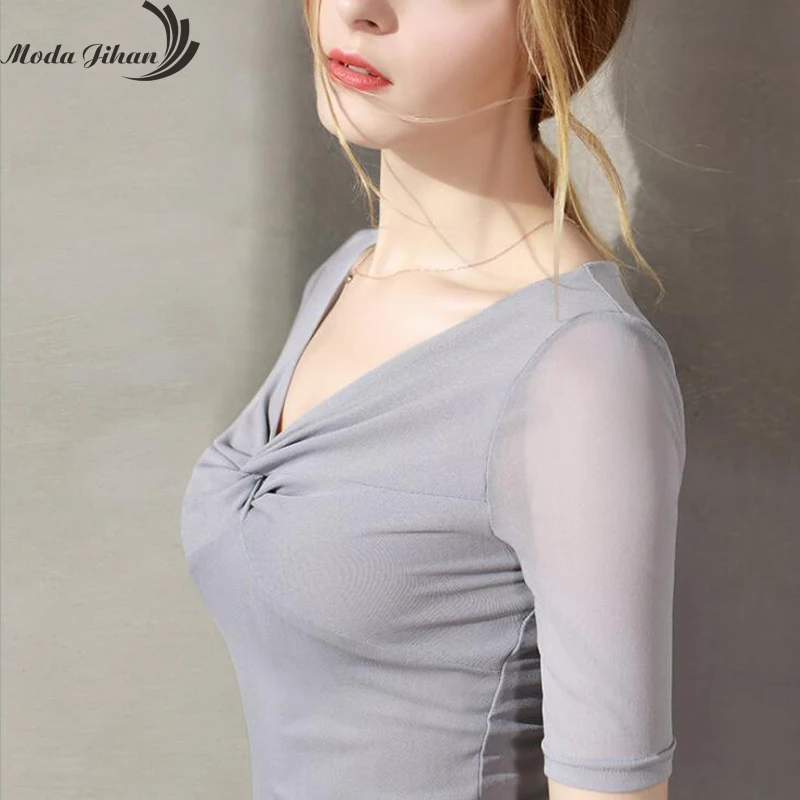 Moda Jihan женские рубашки короткий рукав растягивающаяся сетка джемпер передний