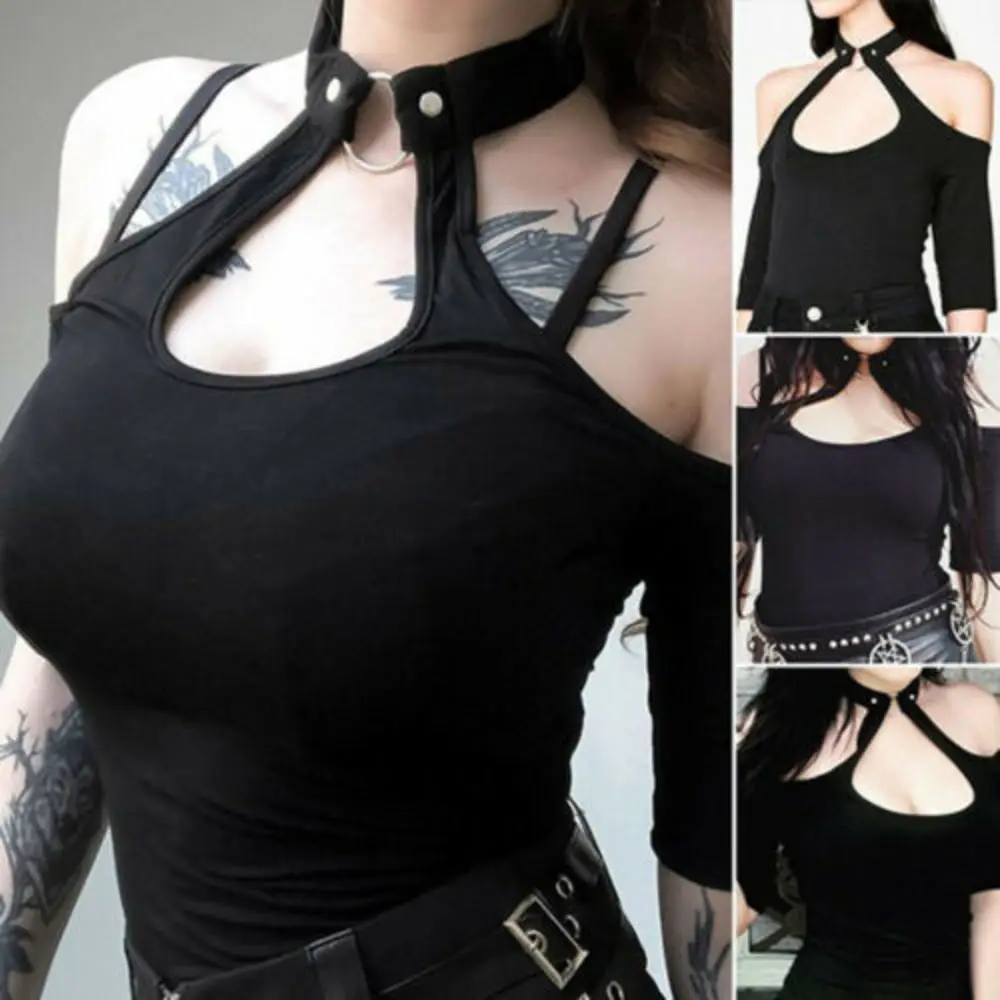 

Black Sexy Shirt With Choker Women Short Sleeve Top Off Shoulder Gothic Solid Halter Top Buckle Neck Punk Vest Blouse Shirts