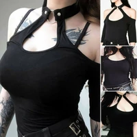 black sexy shirt with choker women short sleeve top off shoulder gothic solid halter top buckle neck punk vest blouse shirts