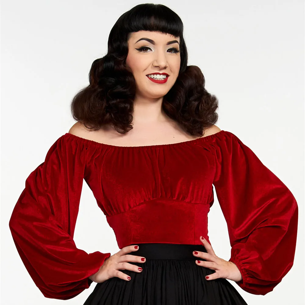 Женский винтажный топ с вырезом лодочкой элегантная Красная Эластичная