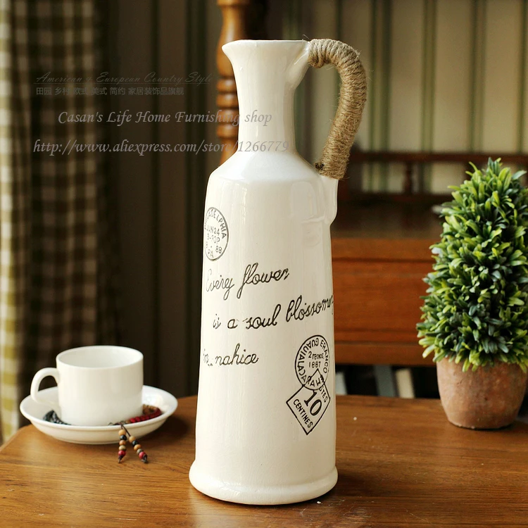 

Mediterranean simple fashion style high quality white ceramic vase+hemp rope vase,English letter postmark single hand shank vase