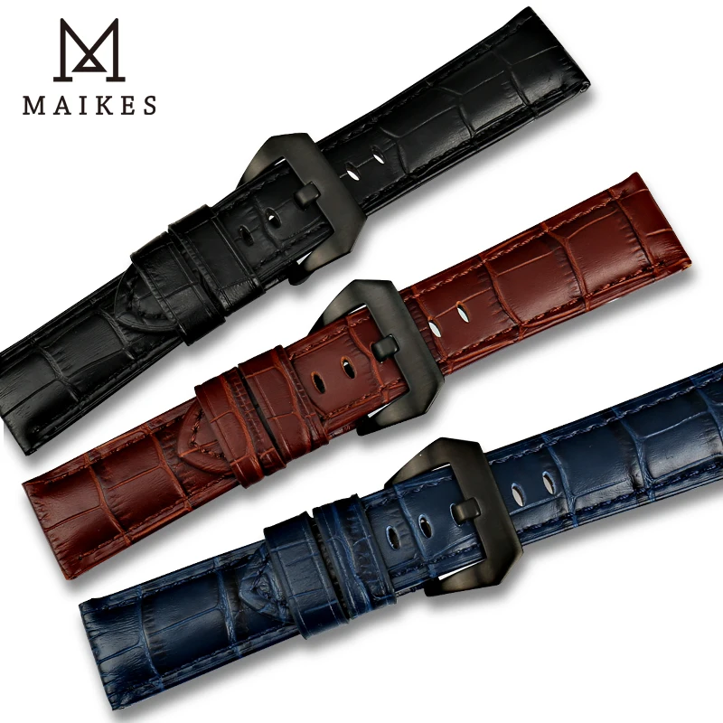 Ремешок MAIKES из натуральной кожи для наручных часов черный стальной браслет с