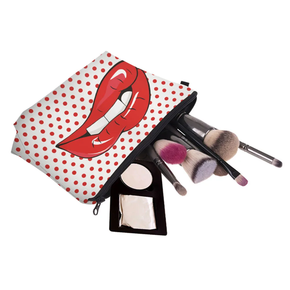 

New Arrival Fashion Travel Cosmetic Bag Zipped Sexy Lady Red Lips Dots Printing Makeup Organizer Women Casual Storage Bags