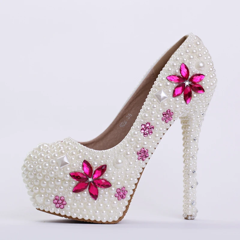 Туфли невесты с белым жемчугом и розовыми стразы свадебные туфли под заказ
