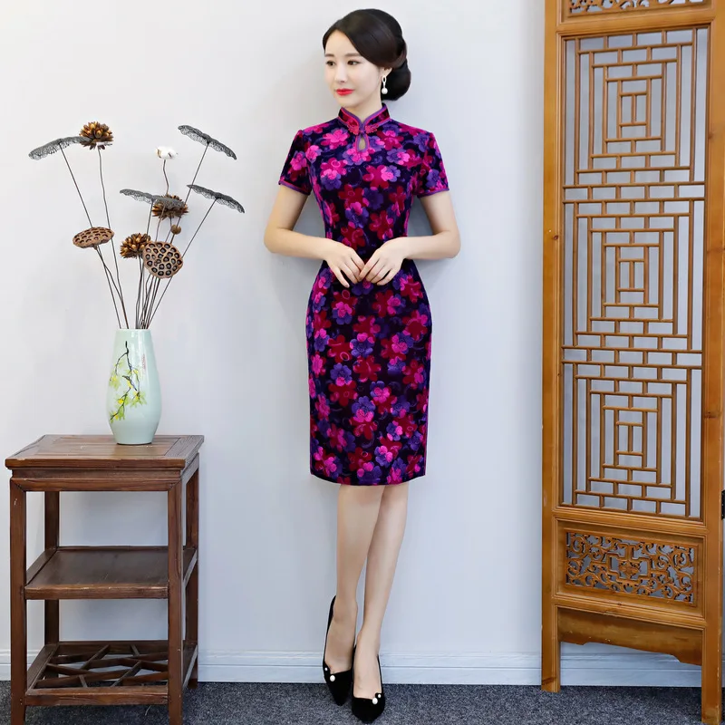Новинка, сексуальное женское платье с цветочным принтом, Qipao, ручная работа, на пуговицах, бархатное платье, короткий рукав, китайский воротник-стойка, Cheongsam M-4XL