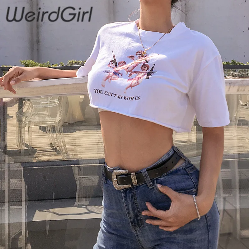 Weirdgirl, женские футболки с принтом ангела, круглый вырез, короткий рукав, Короткие топы, летние женские футболки, повседневные Модные топы из хлопка, Новинка лета