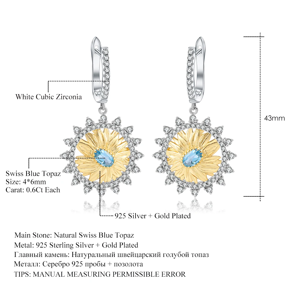 Серьги подвески женские из серебра 925 пробы с натуральным голубым топазом