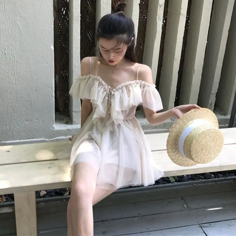 Женское платье лето 2018 новое Сетчатое милое сексуальное однотонное с коротким